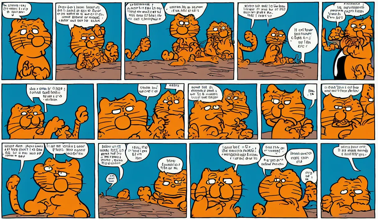 Image similar to garfield comic strip, 3 panels, illustrated by Jim Davis