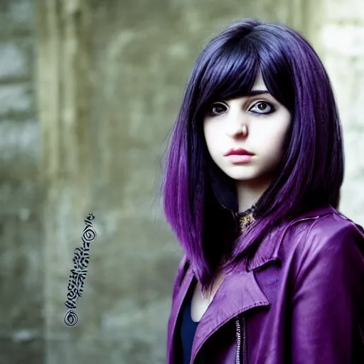 Image similar to Pale-skinned Persian girl, black hime cut hair, long bob cut hair, purple eyes, gothic jacket, mysterious girl, photograph