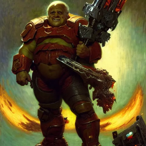 Image similar to Danny DeVito Doom Slayer, rip and tear until it is done, by gaston bussiere, craig mullins, Simon Bisley