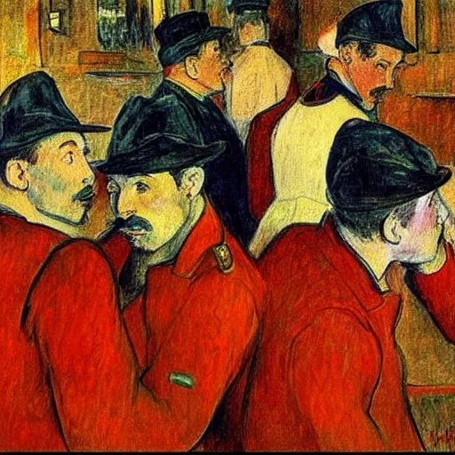 Prompt: red berets soldiers inside of a pub, painting by toulouse - lautrec, cinematic, award winning
