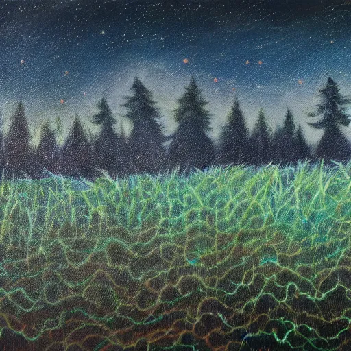 Prompt: a beautiful painting of a mycelium like neural networks under plowed land, magic but natural vibes, trending on artstation