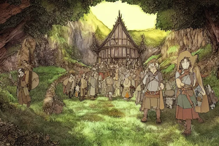 Image similar to tonemapped the fellowship of the ring!! by studio ghibli, highly detailed,