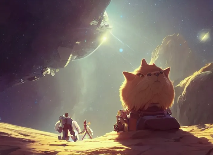 Image similar to a space handsome gay guy and his pet space cat staring role in a musical sci - fi space opera ghibli animated film, volumetric lighting, octane render by stanley artgerm lau, greg rutkowski, thomas kindkade, alphonse mucha, loish, norman rockwel, 8 k greg rutkowski