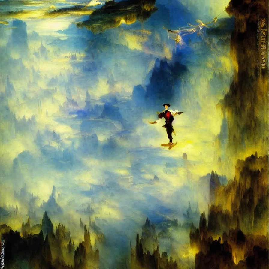 Image similar to tightrope artist ( funambule ) walking among the clouds above a city of mirrors. painted by thomas moran. blue and indigo color scheme.