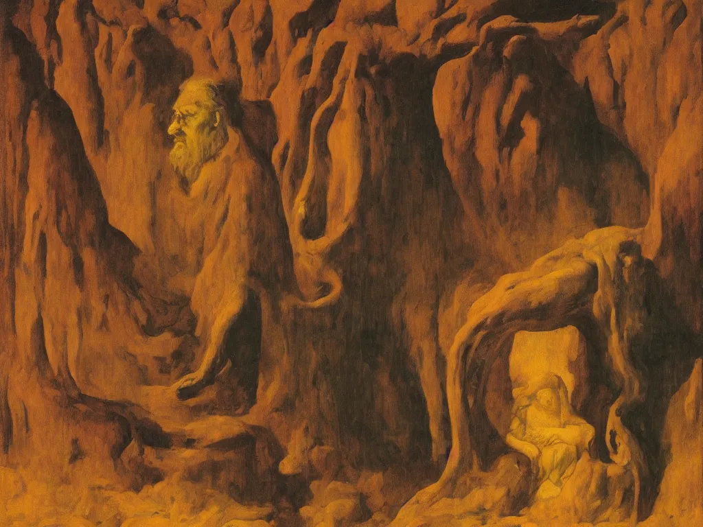 Image similar to Portrait of a hermit living in the nostril of the giant African mask sculpture god, cavern. Aurora, desert fauna, dark night of the soul. Georges de la Tour, Rene Magritte, Jean Delville, Max Ernst, Maria Sybilla Merian