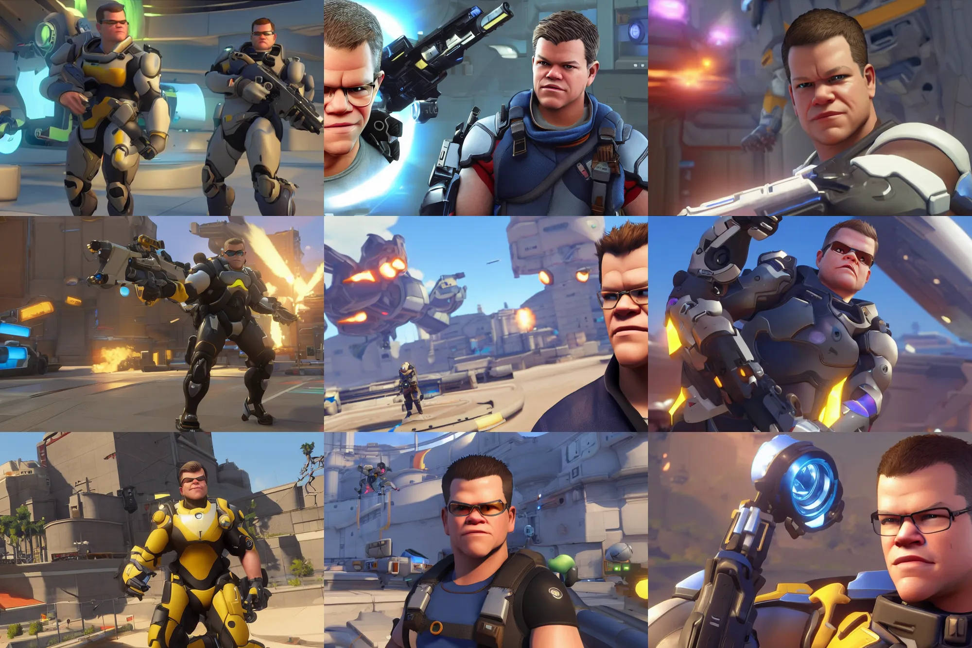 Prompt: a screenshot of matt damon in the video game overwatch. 3 d rendering. unreal engine. amazing likeness. very detailed. cartoon caricature.