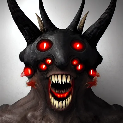 Image similar to A creature with one big eye and a huge mouth. inside the mouth there are many sharp teeth. it's got two horns on the sides of its head and one of the horns is broken. it's body is humanoid like