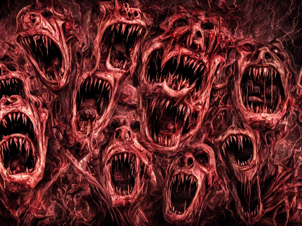 Prompt: twisted demonic creatures screaming, sun dripping blood, horror, grotesque, monstrosity, accursed, insanity, nightmare, High Definition detail, 8K