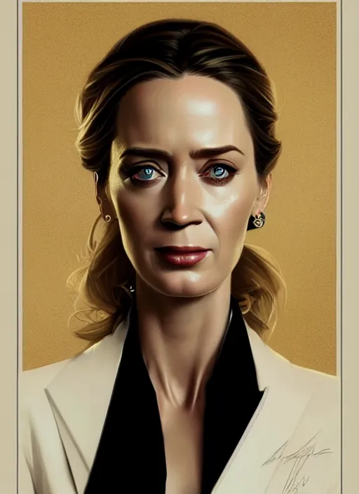 Image similar to portrait of emily blunt as business woman, black suit, white shirt, black tie, intricate, headshot, highly detailed, digital painting, artstation, concept art, sharp focus, cinematic lighting, illustration, art by artgerm and greg rutkowski, alphonse mucha, cgsociety