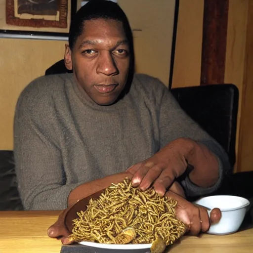 Image similar to john coltrane snuggling a giant mealworm