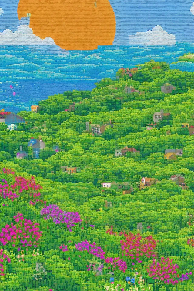 Image similar to a countryside, green hills and blue sky with patches of clouds, nature in all its beauty, some houses in the background, star - shaped flowers in the foreground, we can see the sea, pixel art, detailed,