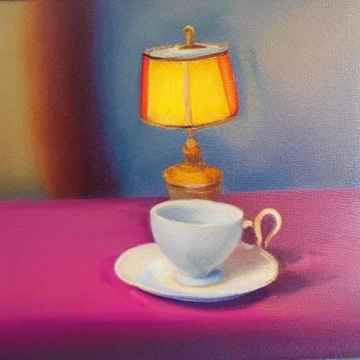 Prompt: a professional still life oil painting of a lamp a tea cup and a flower in the color scheme of pink, blue and white by wilsiko anio