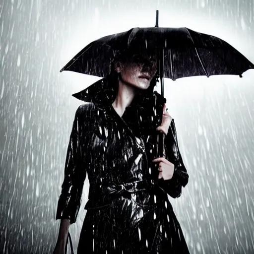 Prompt: close up of face of a wet fashion model in luxury dress and umbrelly, heavy rain, dramatic lighting, official dior editorial, highly detailed