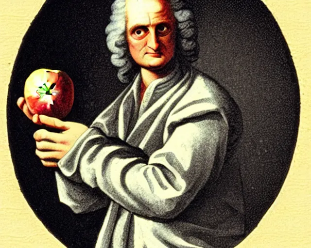 Image similar to isaac newton holding an apple in his hands and looking at the moon