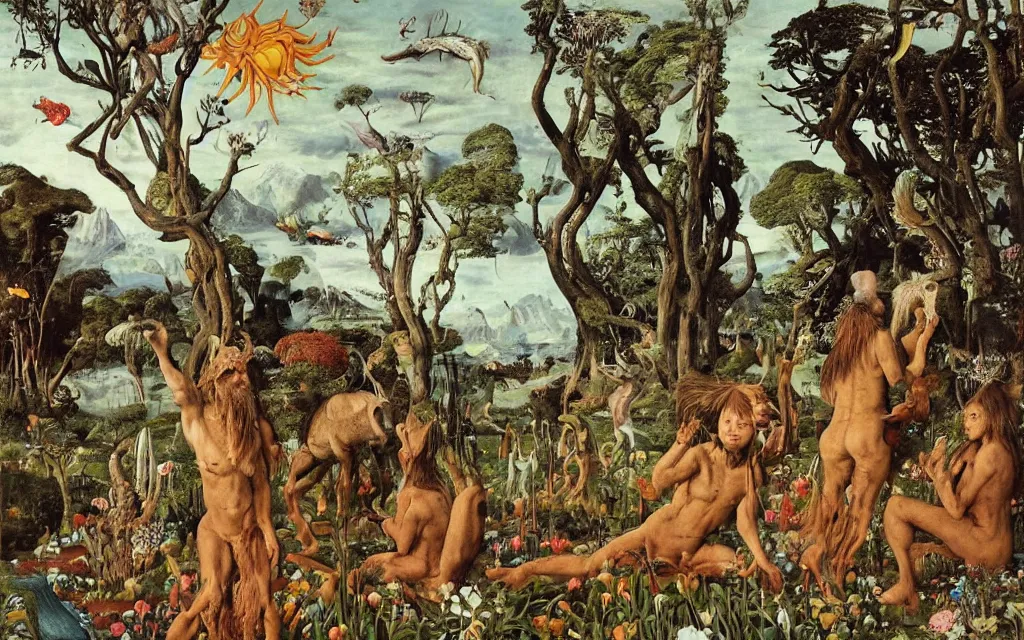 Prompt: a portrait photograph of a meditating centaur shaman and a flayed monk feeding harpies at a wide river delta. surrounded by bulbous flowers, animals and a few trees. mountain range under a blue sky of burning stars. painted by jan van eyck, max ernst, ernst haeckel, ernst fuchs and artgerm, trending on cgsociety