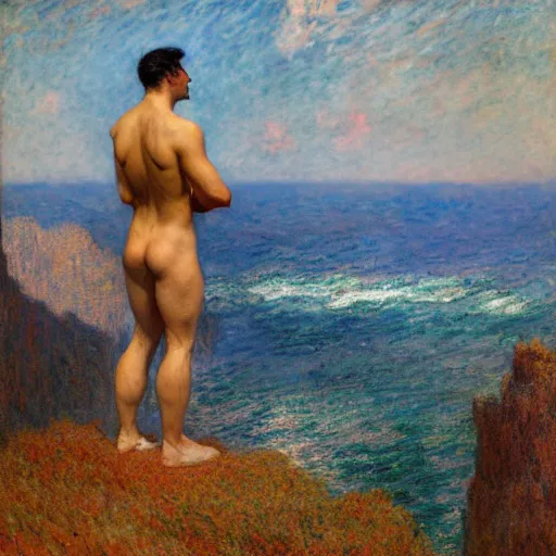 Prompt: an attractive male standing on a cliff, looking out at a red ocean, by gaston bussiere, craig mullins, j. c. leyendecker, claude monet