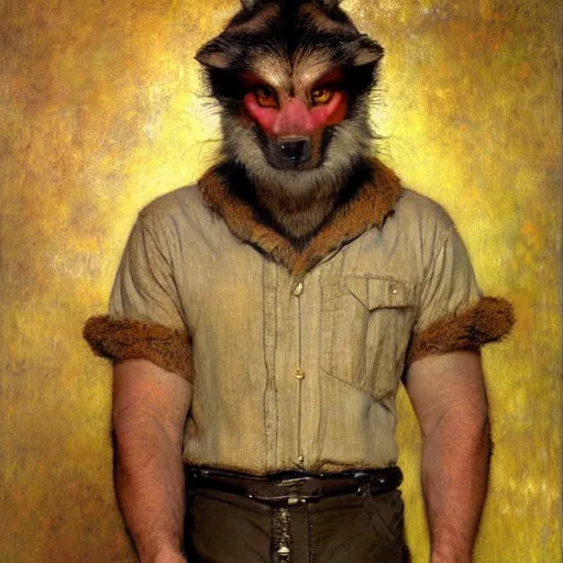 Prompt: a male boarman wolf man wearing a shirt and pants furry arms furry body walking stick new york. furaffinity furry art detailed face painting by gaston bussiere craig mullins jc leyendecker gustav klimt artgerm greg rutkowski furry