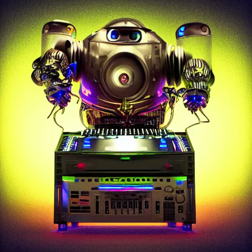 Image similar to album art, name is roborock, 3 steampunk futuristic robots on a dj desk with a cd mixer, 8 k, flourescent colors, halluzinogenic, multicolored, exaggerated detailed, front shot, 3 d render, octane