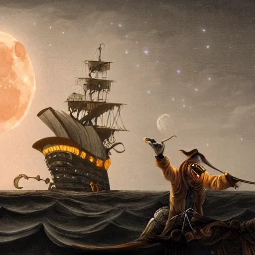 Prompt: a giant anglerfish luring a pirate standing on a ship in the night with a full moon