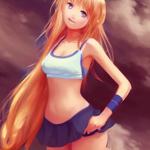 Image similar to a very beautiful young anime tennis girl, full body, long wavy blond hair, sky blue eyes, full round face, short smile, bikini, miniskirt, highly detailed, cinematic wallpaper by stanley artgerm lau
