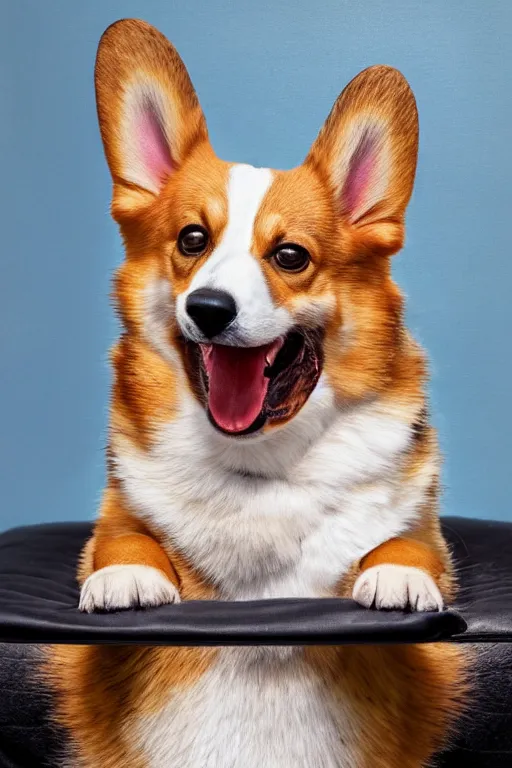 Image similar to a photo of a corgi laying on back on a couch, snarling, about to bite, oil on canvas, intricate, portrait, 8k highly professionally detailed, HDR, CGsociety