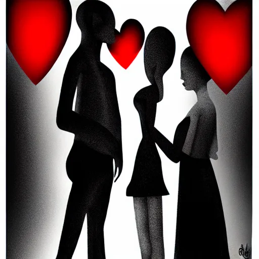 Prompt: two red hearts, couple, a woman and a man, love, sadness, dark ambiance, concept by Godfrey Blow, featured on deviantart, drawing, sots art, lyco art, artwork, photoillustration, poster art