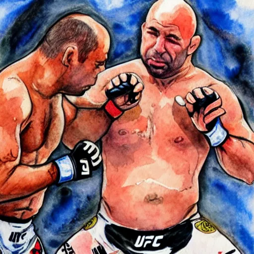 Prompt: joe rogan vs. dana white, fighting to the death, watercolors, ufc