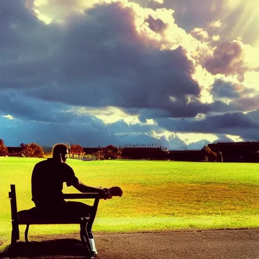 Image similar to 1 9 9 0 s candid 3 5 mm photo of a man sitting on a bench in a park playing guitar, cinematic lighting, cinematic look, golden hour, the clouds are epic and colorful with cinematic rays of light, photographed by petra collins, uhd