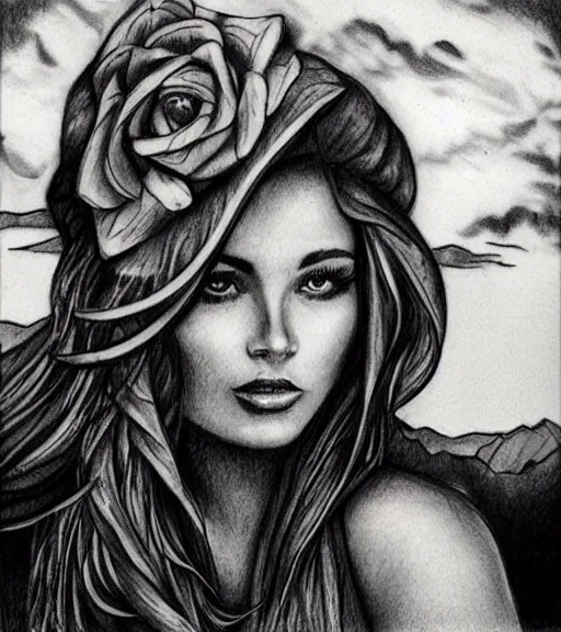 Image similar to tattoo design sketch of a beautiful woman face against a background of beautiful mountains and nature, hyper - realistic, in the style of den yakovlev, amazing detail, black and white