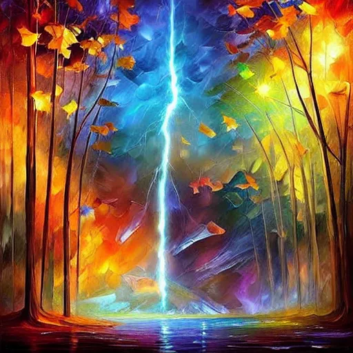 Image similar to village alien lightning art waterfall nature photography weird rich digital art airbush by android jones, leonid afremov, rob gonsalves, rhads, evgeny lushpin