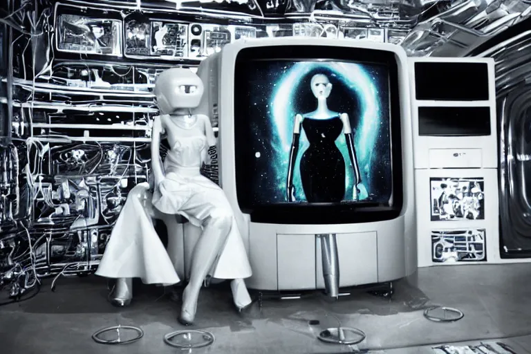 Image similar to beautiful woman robot sitting inside of a galaxy fridge, from 1985, bathed in the glow of a crt television, crt screens in background, low-light photograph, in style of chrome hearts