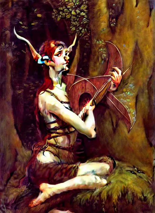 Image similar to forest elf bard playing lute, full body, hyper realistic, extremely detailed, dnd character art portrait, dark fantasy art, intricate fantasy painting, dramatic lighting, vivid colors, deviantart, artstation, by edgar maxence and caravaggio and michael whelan and delacroix.