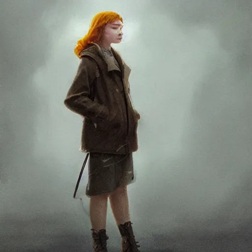 Prompt: a highly detailed epic cinematic concept art CG render digital painting artwork costume design: a teenage Sadie Sink in a 1950s man's coat and hoodie. muted colors with some yellow accents. By Greg Rutkowski, Ilya Kuvshinov, WLOP, Stanley Artgerm Lau, Ruan Jia and Fenghua Zhong, trending on ArtStation, made in Maya, Blender and Photoshop, octane render, excellent composition, cinematic atmosphere, dynamic dramatic cinematic lighting, aesthetic, very inspirational, arthouse