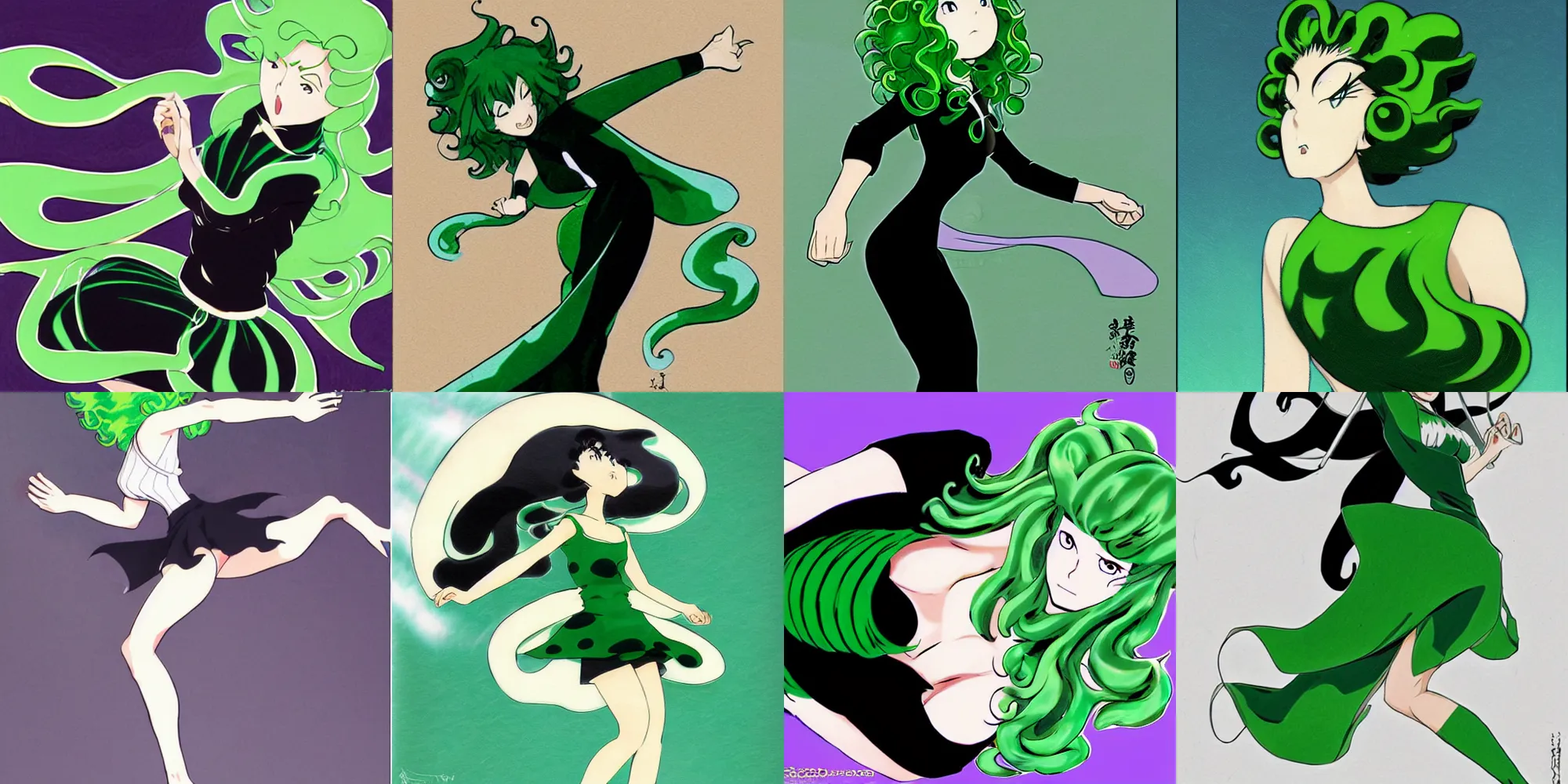 Prompt: tatsumaki, a woman with wavy green hair and a black dress, concept art by rumiko takahashi, deviantart contest winner, superflat, official art, deviantart hd, dynamic pose