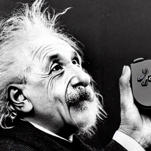 Image similar to photo of einstein holding a ps 5 controller while shouting