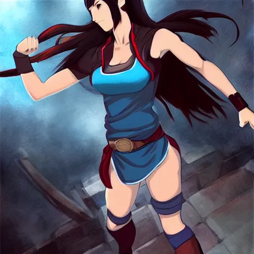 Prompt: high quality artwork of tifa lockhart dressed as korra, trending on artstartion