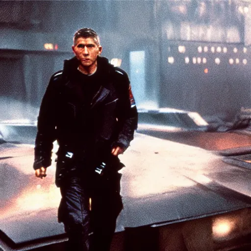 Image similar to film still blade runner Officer Deckard wearing techwear