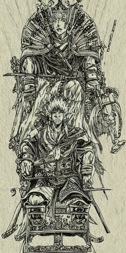 Prompt: a king on a throne drawn by Makoto Yukimura in the style of Vinland saga anime