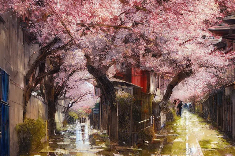 Image similar to beautiful Japanese alleyway with sakura trees by John Berkey, rule of thirds, beautiful, sharp focus