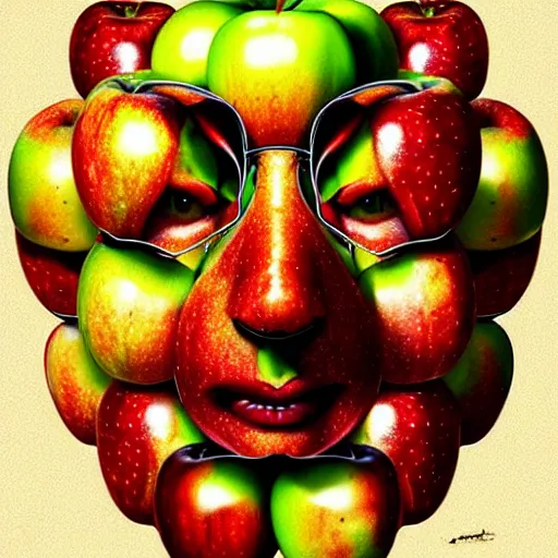 Image similar to a pile of apples, apples, apples arranged in the shape of a face resembling steve jobs, apples, fantasy, intricate, elegant, highly detailed, lifelike, photorealistic, digital painting, artstation, illustration, smooth, sharp focus, art by giuseppe arcimboldo