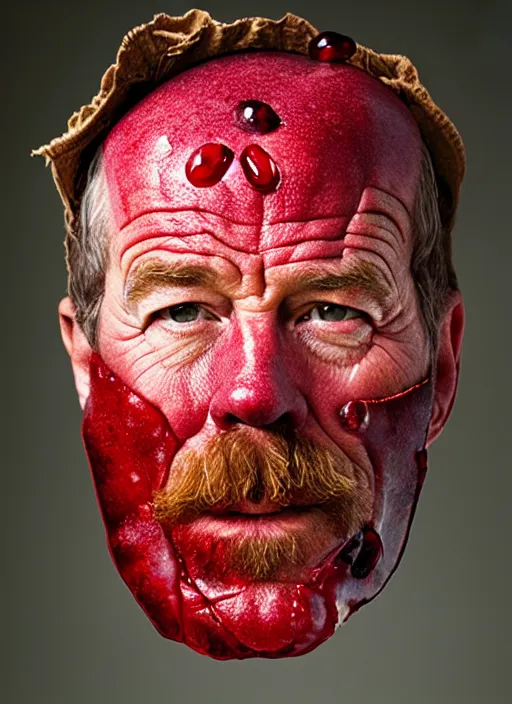 Image similar to cranberries fused with bryan cranston's face, red berry skin, cranberry helmet, studio light, bloom, detailed face, magazine, press, photo, steve mccurry, david lazar, canon, nikon, focus
