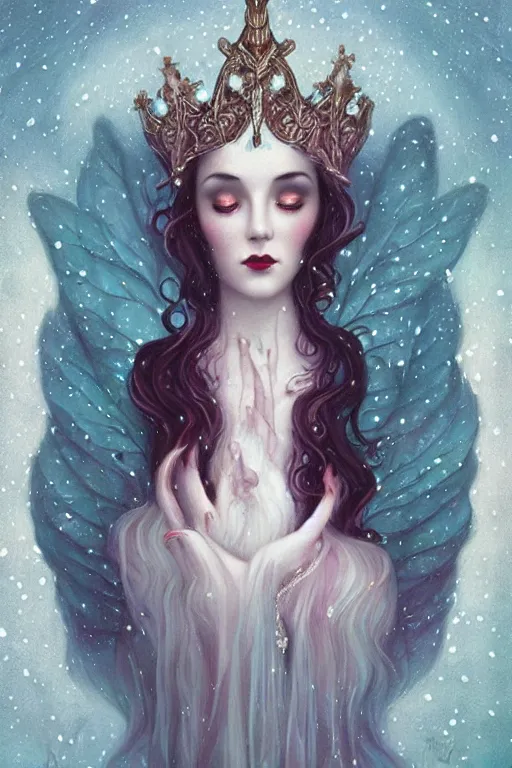 Prompt: jeweled Crown, other worldly, fairy winter court, snow, art nouveau, by Anato Finnstark, Tom Bagshaw, Brom