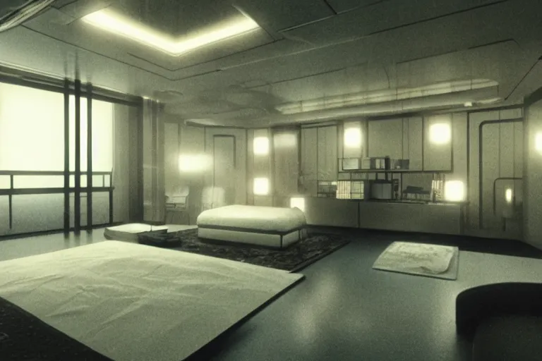 Prompt: a vintage photo of futuristic high tech apartment bedroom interior, by ridley Scott, octane rendering, moody lighting, in the style of blade runner