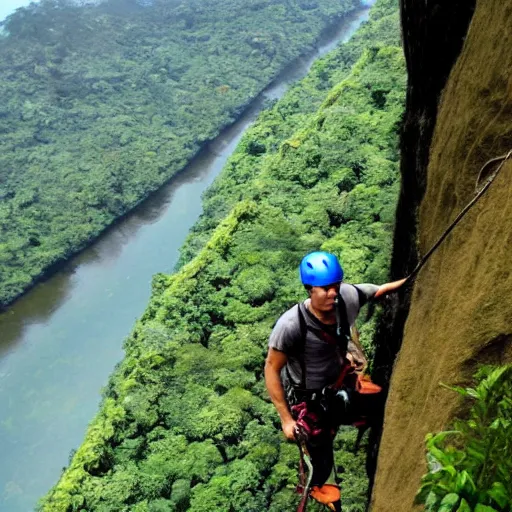 Prompt: ashton kutcher repelling down a cliff in costa rica, photo