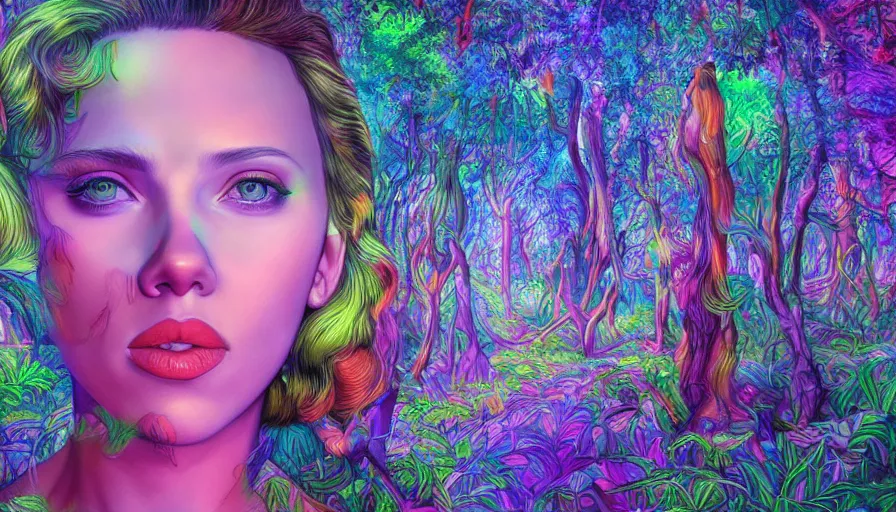 Image similar to landscape scarlett johansson in psychodelic dmt lsd forest, photorealistic, artgerm, artwork by Arian, Mark