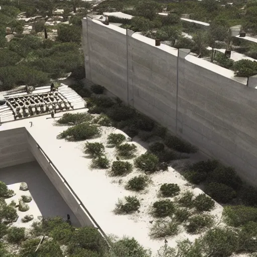 Image similar to architectural rendering of biophilia brutalism building in the desert, pool, garden