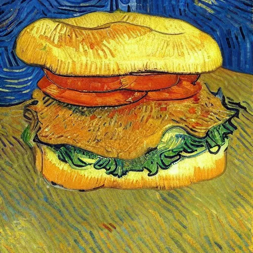 Prompt: onion steak sandwich painted by Van Gogh