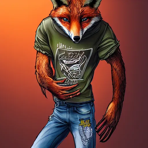 Prompt: A fox wearing a t-shirt and jeans, trending on FurAffinity, energetic, dynamic, digital art, highly detailed, FurAffinity, digital fantasy art, FurAffinity