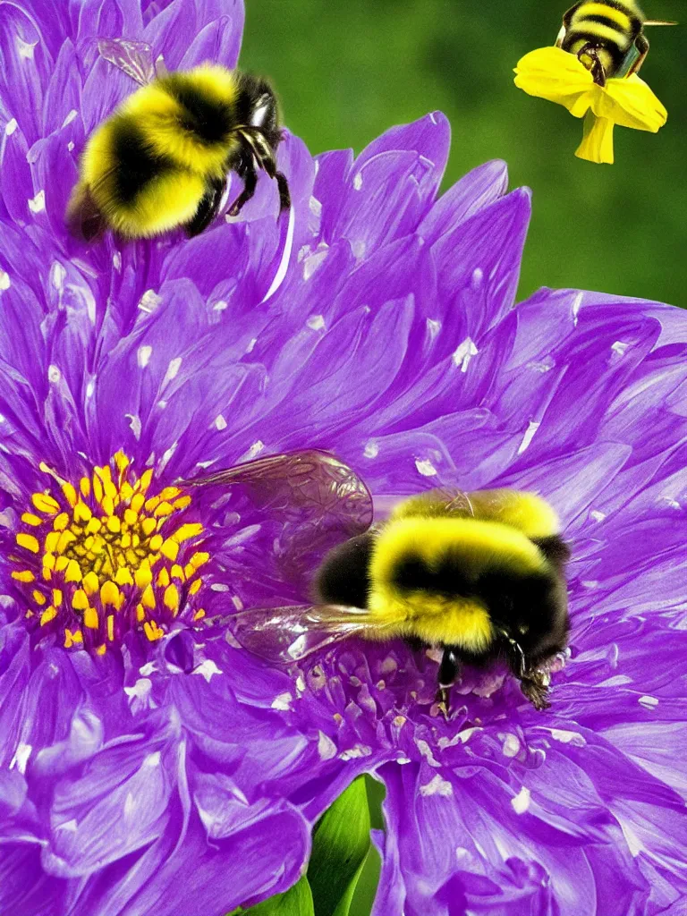 Prompt: bumble bee flying through glowing ring landing on a purple dahlia, hyper-detailed, digital art, artist Bev Dolittle