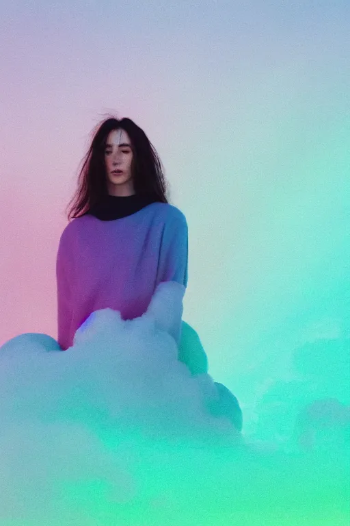 Image similar to high quality pastel coloured film close up wide angle photograph of a model wearing clothing resting on cloud furniture in a icelandic black rock environment in a partially haze filled dreamstate world. three point light, rainbow. photographic production. art directed. pastel colours. volumetric clouds. pastel gradient overlay. waves glitch artefacts. extreme facial clarity. 8 k. filmic.